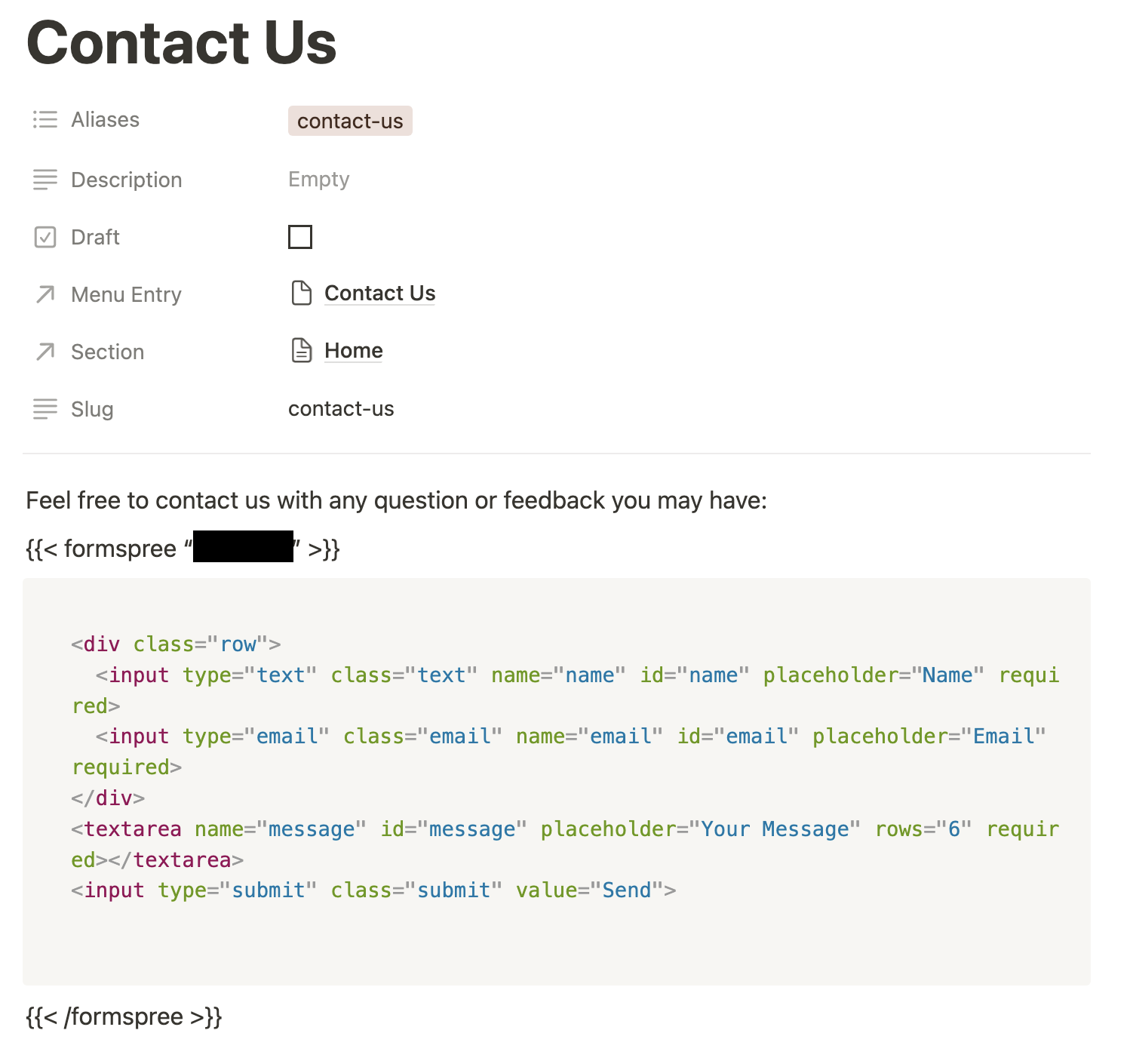 Example contact page with contact form